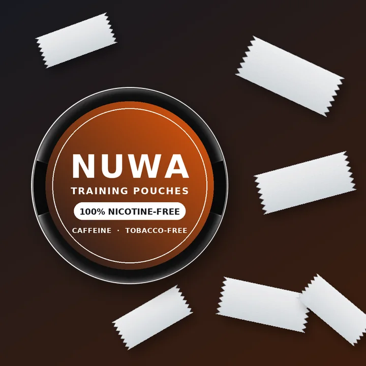 NUWA Training Pouches tin with pouches scattered on a dark surface